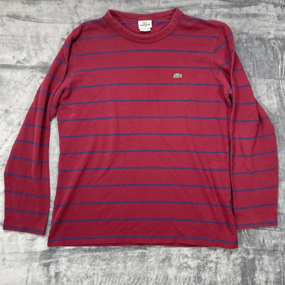 Lacoste Shirt Mens Size XL Red Blue Striped Long Sleeve Slim Fit Cotton Crewneck